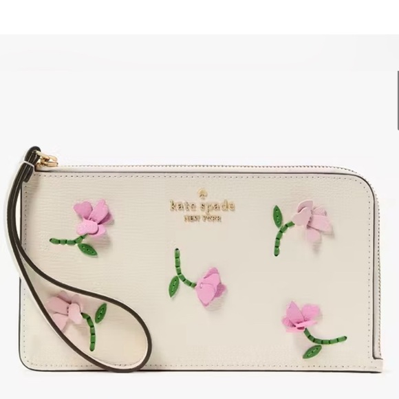 Kate Spade Cream Lucy Wristlet with Pink Floral 3D Accents - Picture 2 of 8